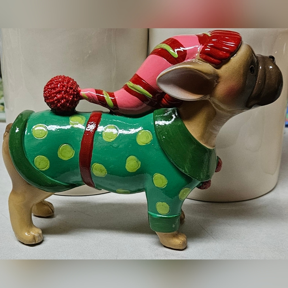 Retro Christmas Elf French Bulldog Resin Figurine Tabletop Decor 8" x 5"